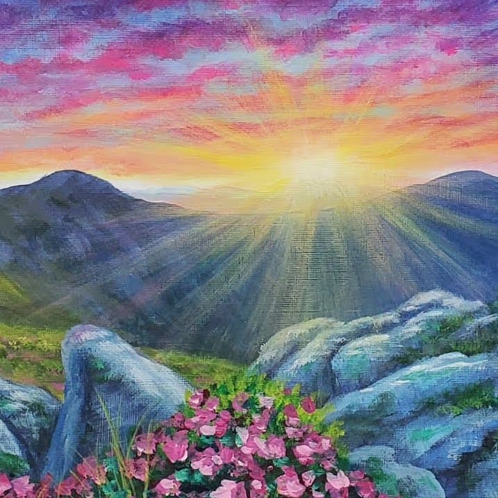 Acrylic Painting of a Sunset Over A Mountain Valley 717 × 717